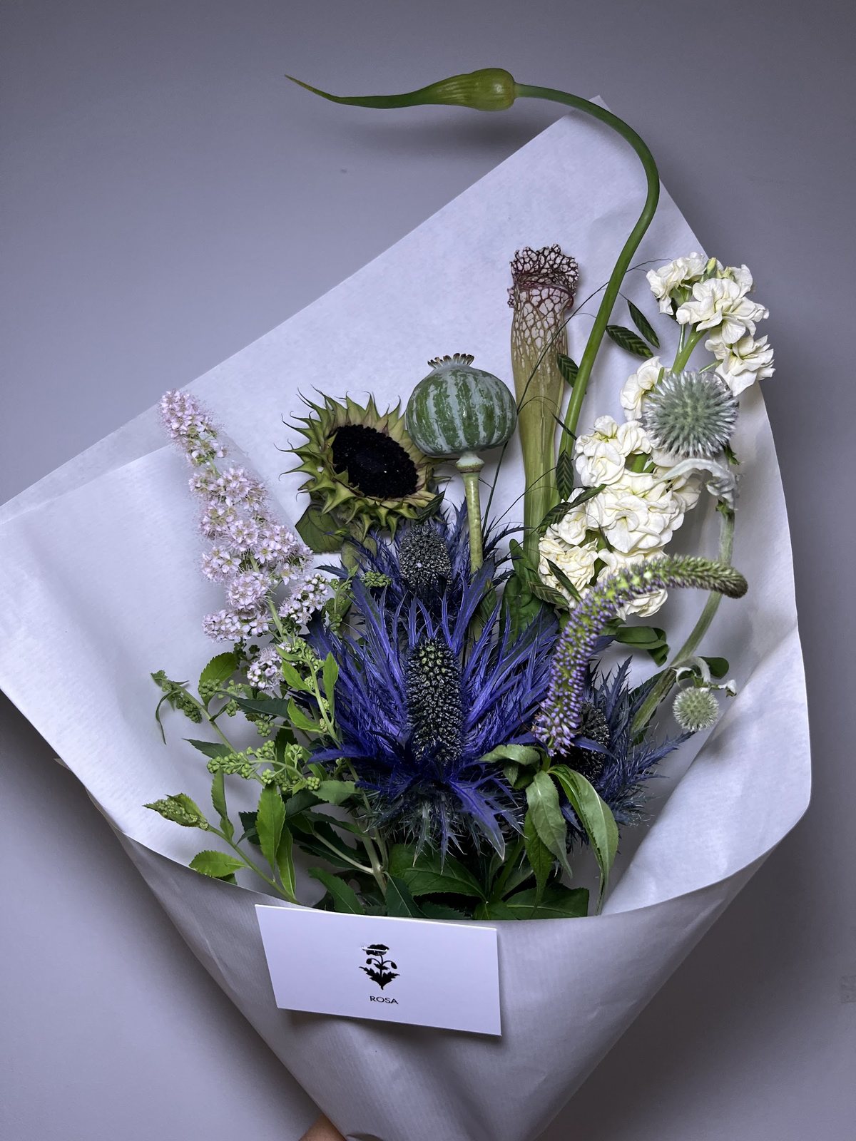 Bouquet de chardons bleus, pavots et fleurs blanches