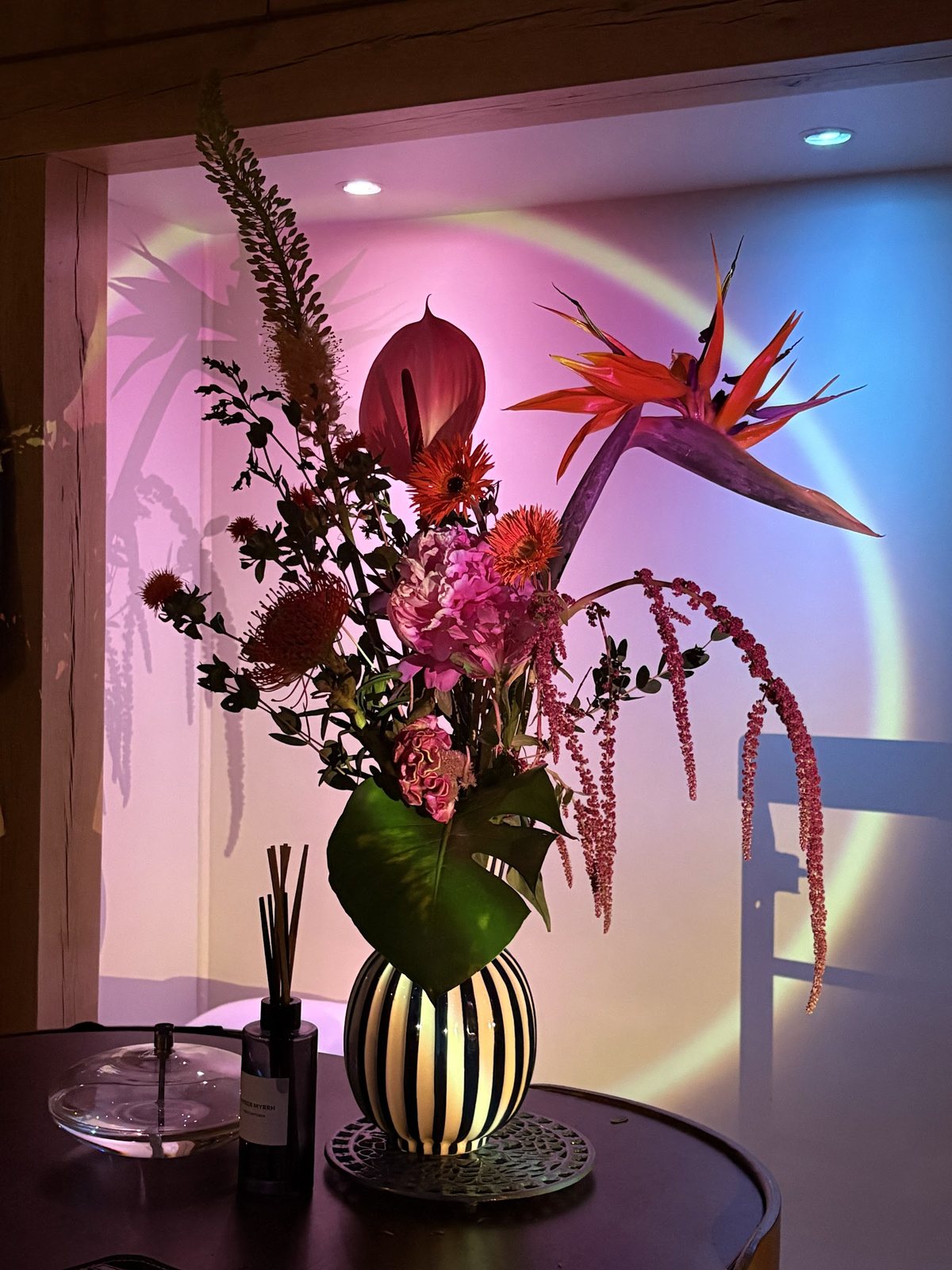 Composition d’oiseaux de paradis dans un vase rayé
